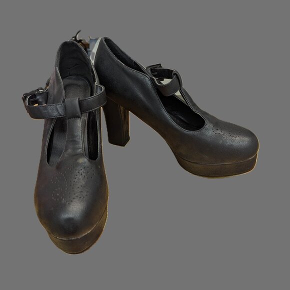 Black Leather Platform Heel Mary Janes - Picture 1 of 5